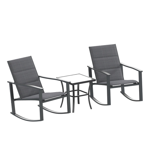 Black |#| 3 Piece All-Weather Rocking Chairs and Glass Top Table Bistro Set - Black/Black