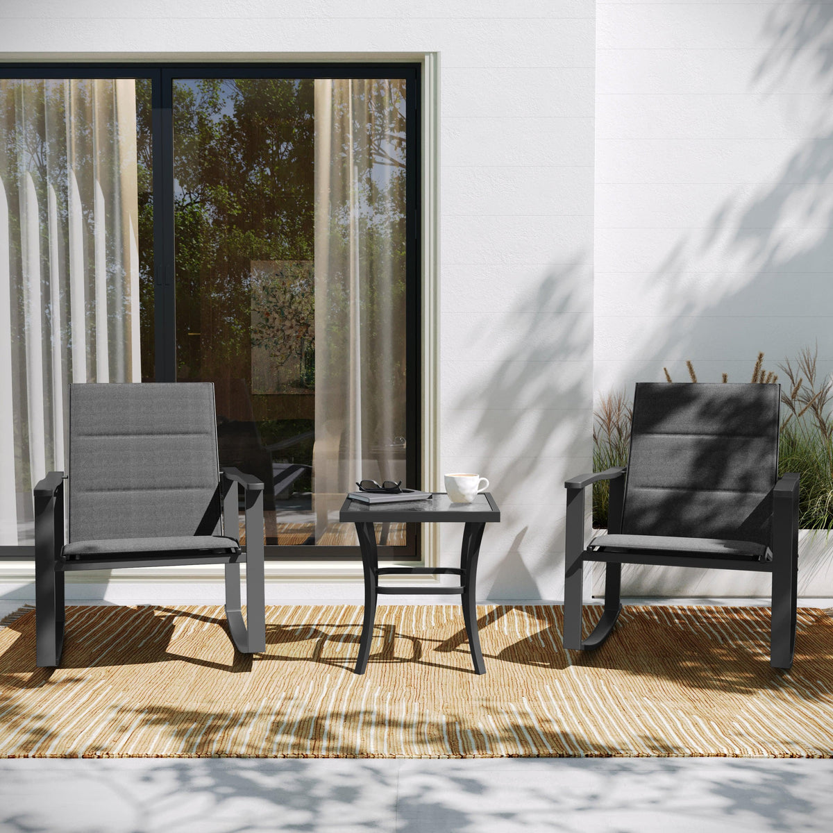 Black |#| 3 Piece All-Weather Rocking Chairs and Glass Top Table Bistro Set - Black/Black