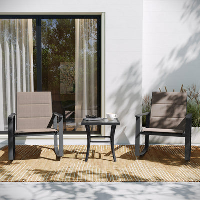 Brazos 3 Piece Outdoor Rocking Chair Bistro Set with Flex Comfort Material and Metal Framed Glass Top Table