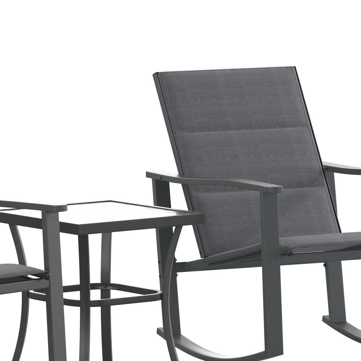 Black |#| 3 Piece All-Weather Rocking Chairs and Glass Top Table Bistro Set - Black/Black