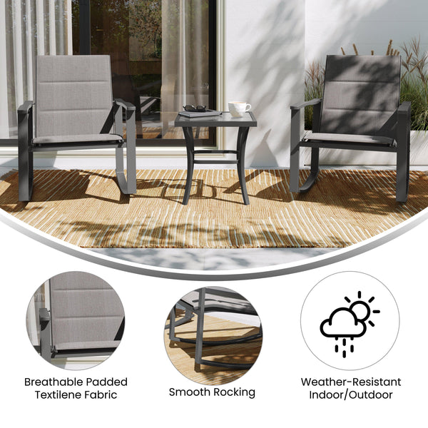 Gray |#| 3 Piece All-Weather Rocking Chairs and Glass Top Table Bistro Set - Gray/Black