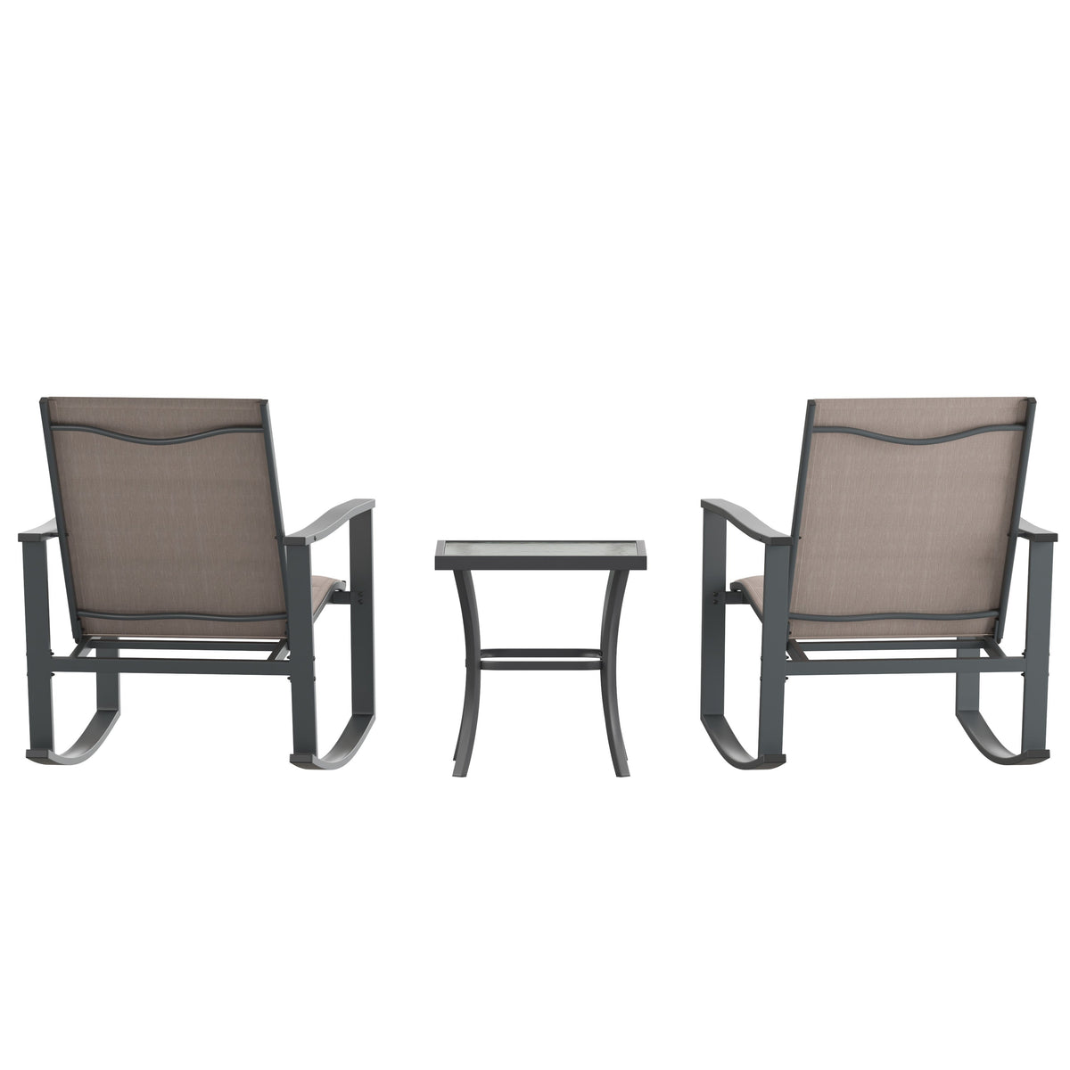 Brown |#| 3 Piece All-Weather Rocking Chairs and Glass Top Table Bistro Set - Brown/Black