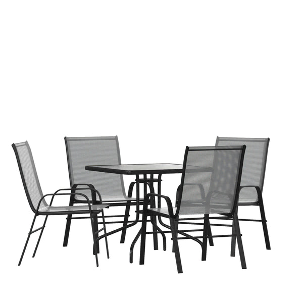 Gray |#| 5 Piece Patio Dining Set - 31.5inch Square Glass Table, 4 Gray Flex Stack Chairs