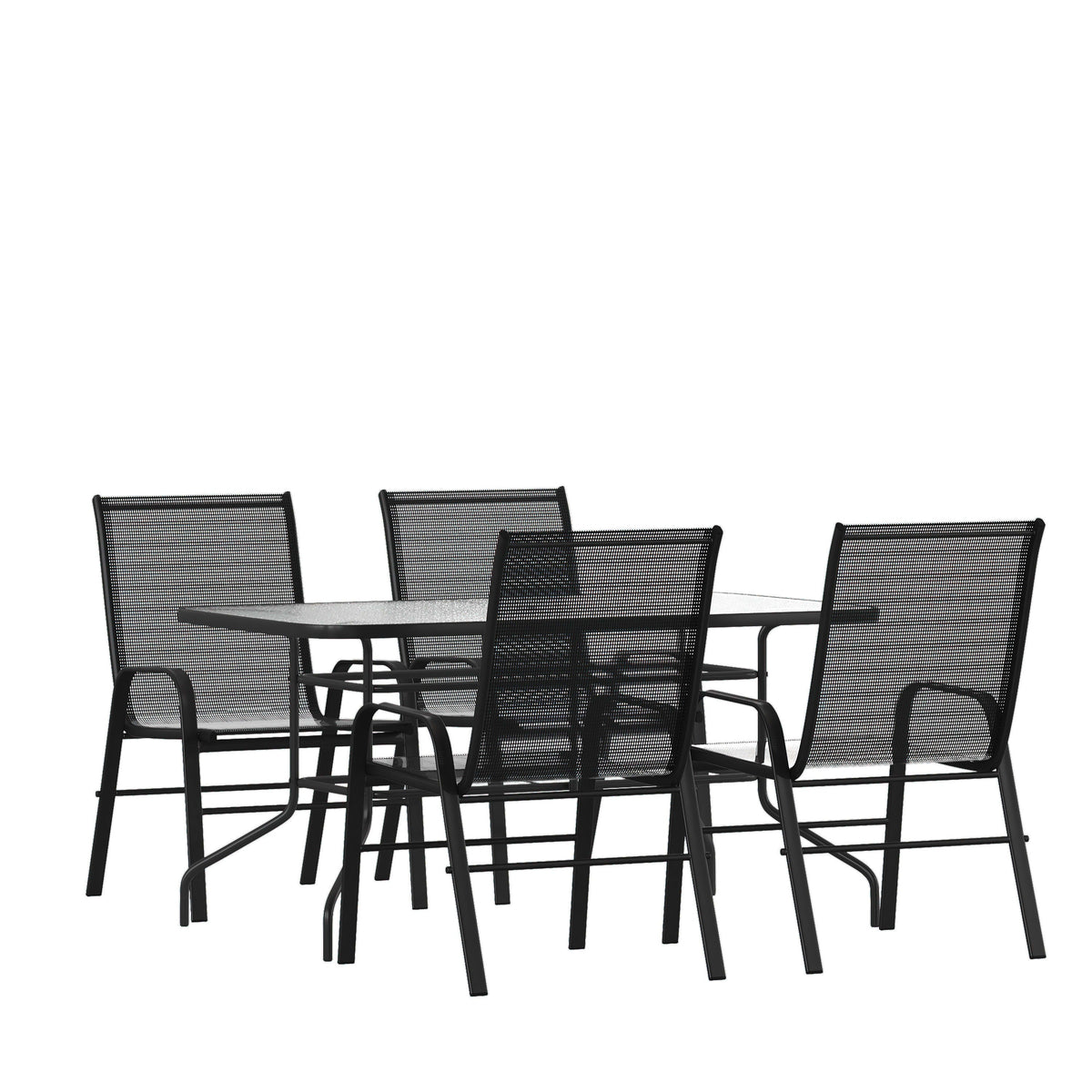 Black |#| 5 Piece Patio Dining Set - 55inch Glass Patio Table, 4 Black Flex Stack Chairs