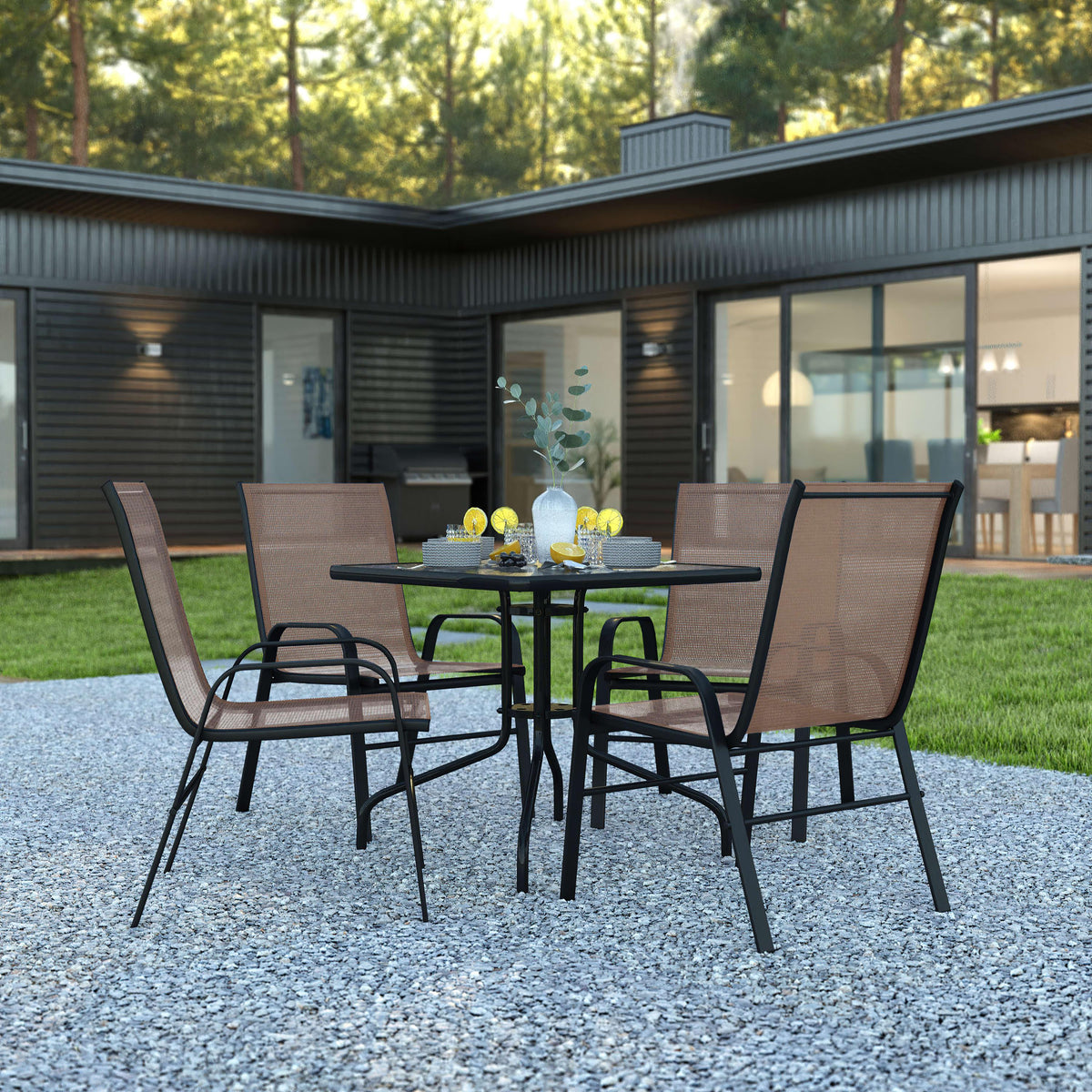 Brown |#| 5 Piece Patio Dining Set - 31.5inch Square Glass Table, 4 Brown Flex Stack Chairs