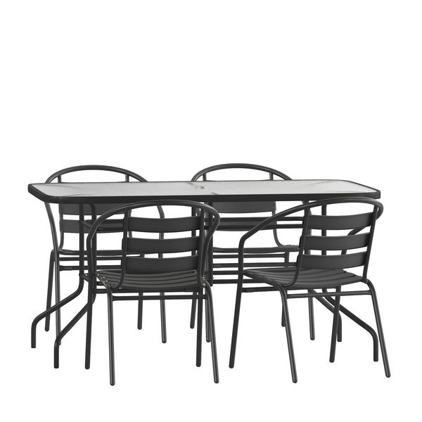 5 Piece Patio Dining Set - 55inch Glass Patio Table, 4 Black Aluminum Stack Chairs