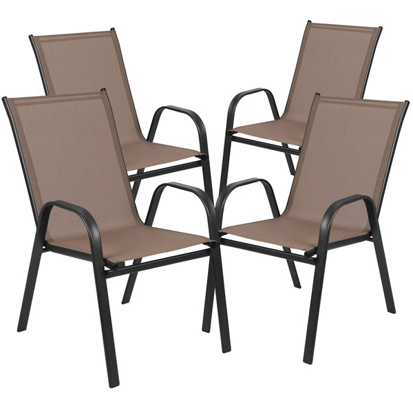 Brown |#| 5 Piece Patio Dining Set - 31.5inch Square Glass Table, 4 Brown Flex Stack Chairs