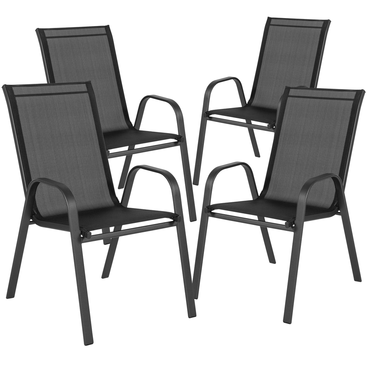 Black |#| 5 Piece Patio Dining Set - 55inch Glass Patio Table, 4 Black Flex Stack Chairs