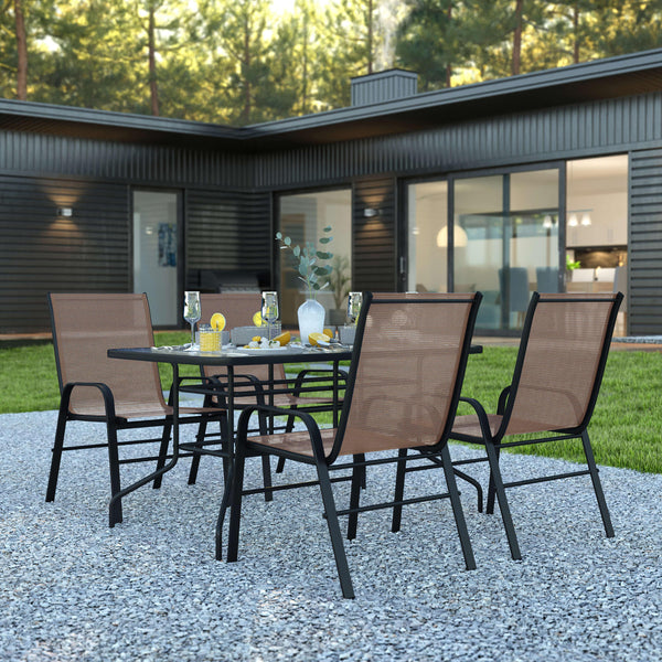 Brown |#| 5 Piece Patio Dining Set - 55inch Glass Patio Table, 4 Brown Flex Stack Chairs