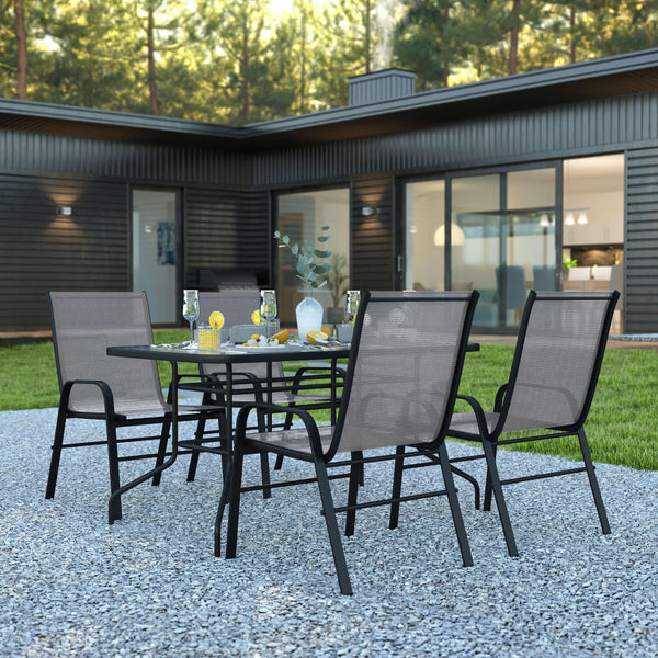 Gray |#| 5 Piece Patio Dining Set - 55inch Glass Patio Table, 4 Gray Flex Stack Chairs