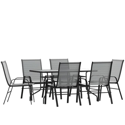 Brazos 7 Piece Outdoor Patio Dining Set - Tempered Glass Patio Table, 6 Flex Comfort Stack Chairs