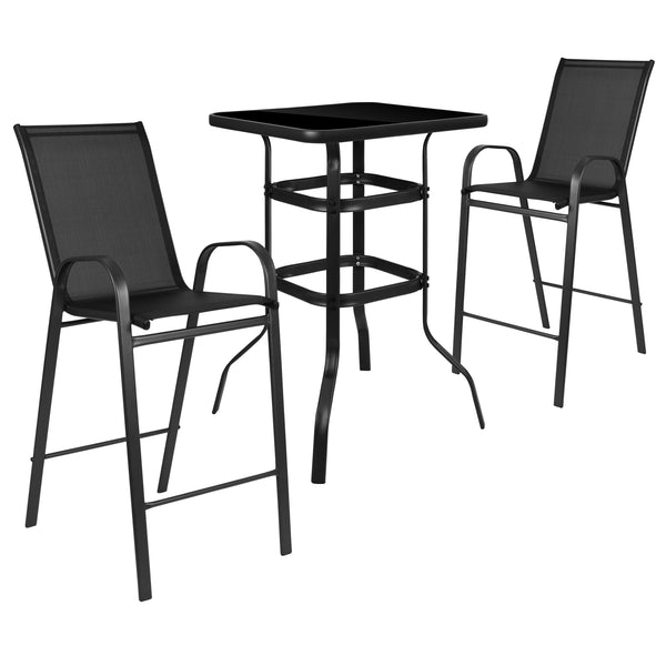 Black |#| 3 Piece Outdoor Bar Height Set-Glass Patio Bar Table-Black All-Weather Barstools