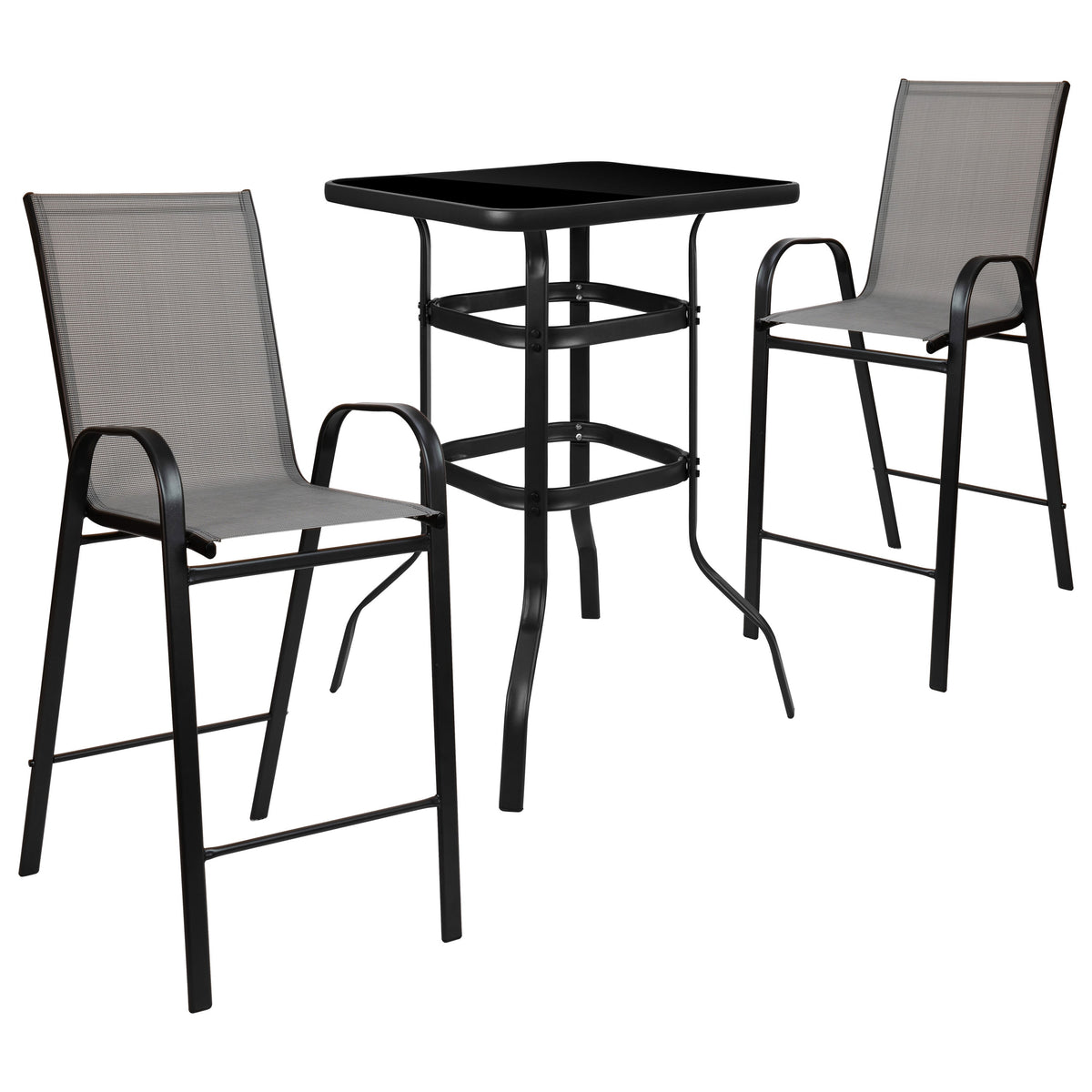 Gray |#| 3 Piece Outdoor Bar Height Set-Glass Patio Bar Table-Gray All-Weather Barstools