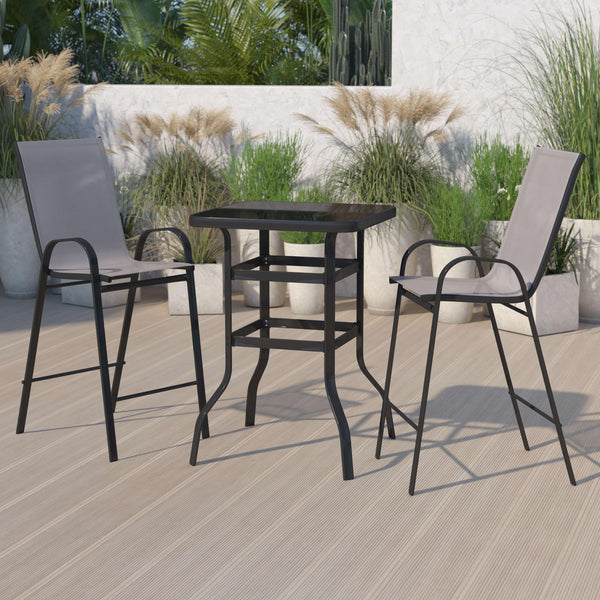 Gray |#| 3 Piece Outdoor Bar Height Set-Glass Patio Bar Table-Gray All-Weather Barstools