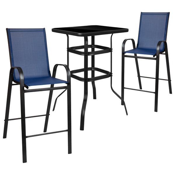 Navy |#| 3 Piece Outdoor Bar Height Set-Glass Patio Bar Table-Navy All-Weather Barstools