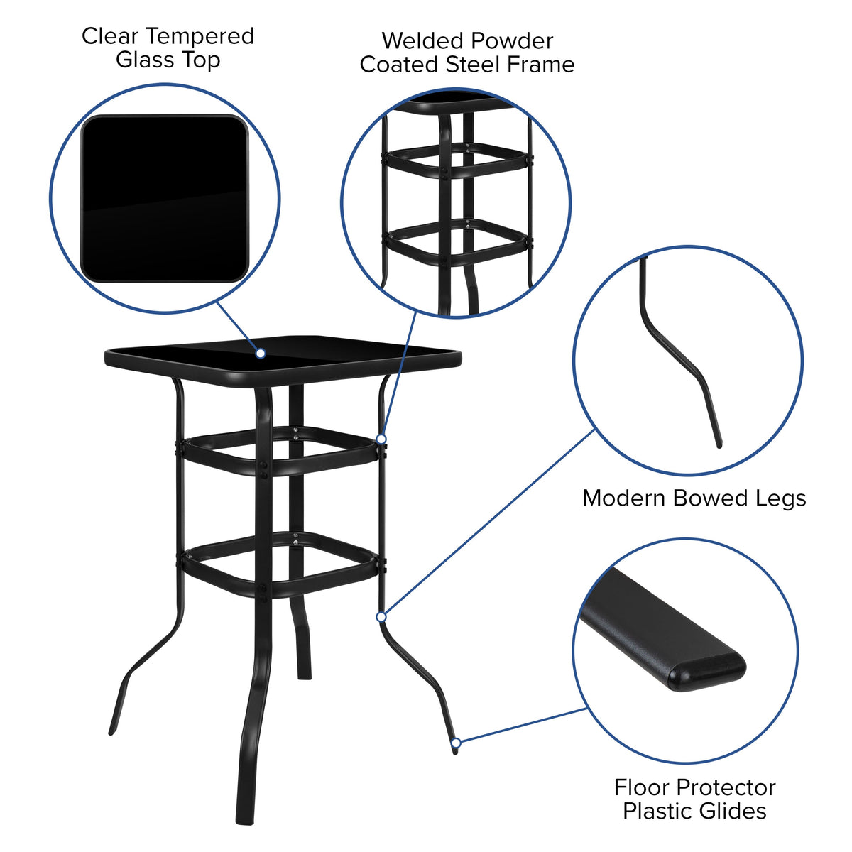 Navy |#| 3 Piece Outdoor Bar Height Set-Glass Patio Bar Table-Navy All-Weather Barstools