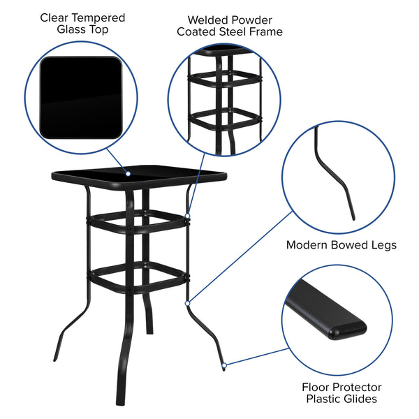 Black |#| 3 Piece Outdoor Bar Height Set-Glass Patio Bar Table-Black All-Weather Barstools