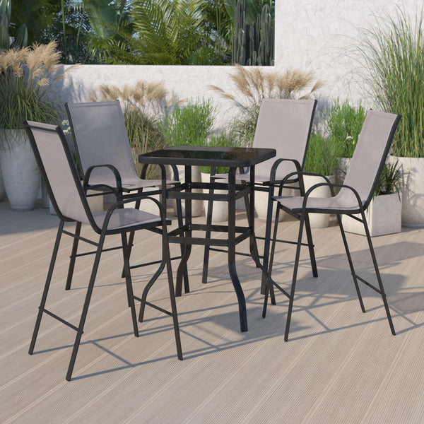 Gray |#| 5 Piece Outdoor Bar Height Set-Glass Patio Bar Table-Gray All-Weather Barstools