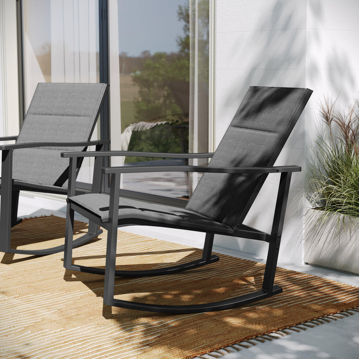 Black |#| Set of 2 All Weather Flex Comfort Rocking Chairs with Metal Frames-Black/Black