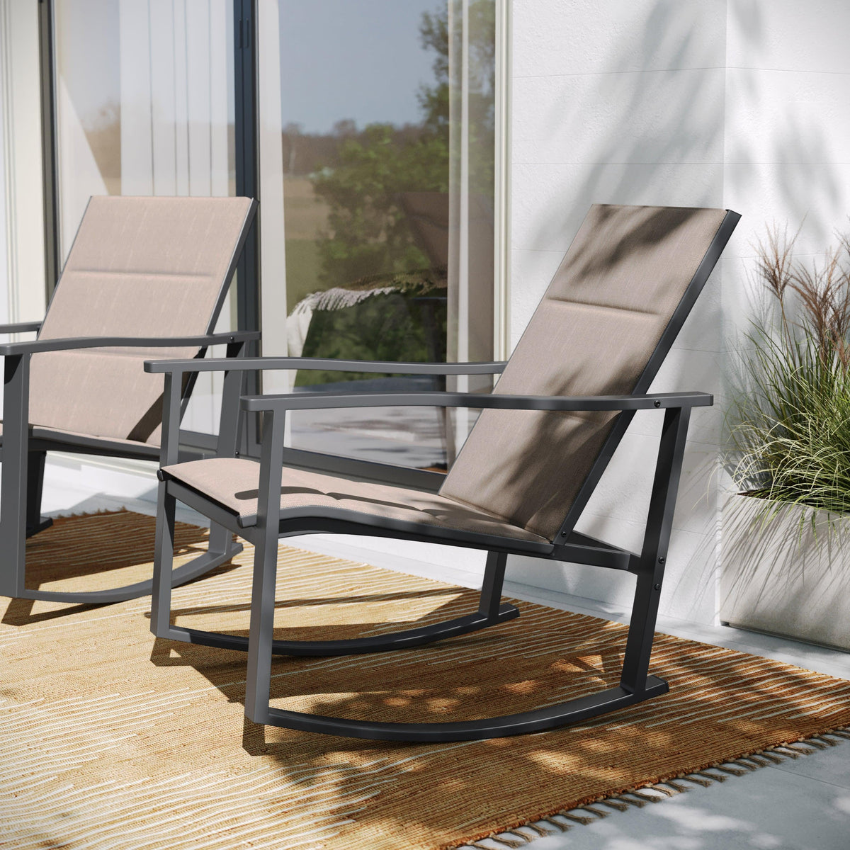 Brown |#| Set of 2 All Weather Flex Comfort Rocking Chairs with Metal Frames-Brown/Black