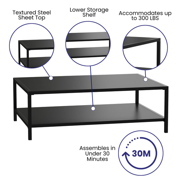 All-Weather Black Commercial Grade Indoor/Outdoor Metal 2 Tier Coffee Table