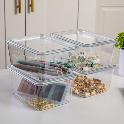 Brody 4 pack Stackable Plastic Storage Box with Lids Office Desktop Organizers, 6.75