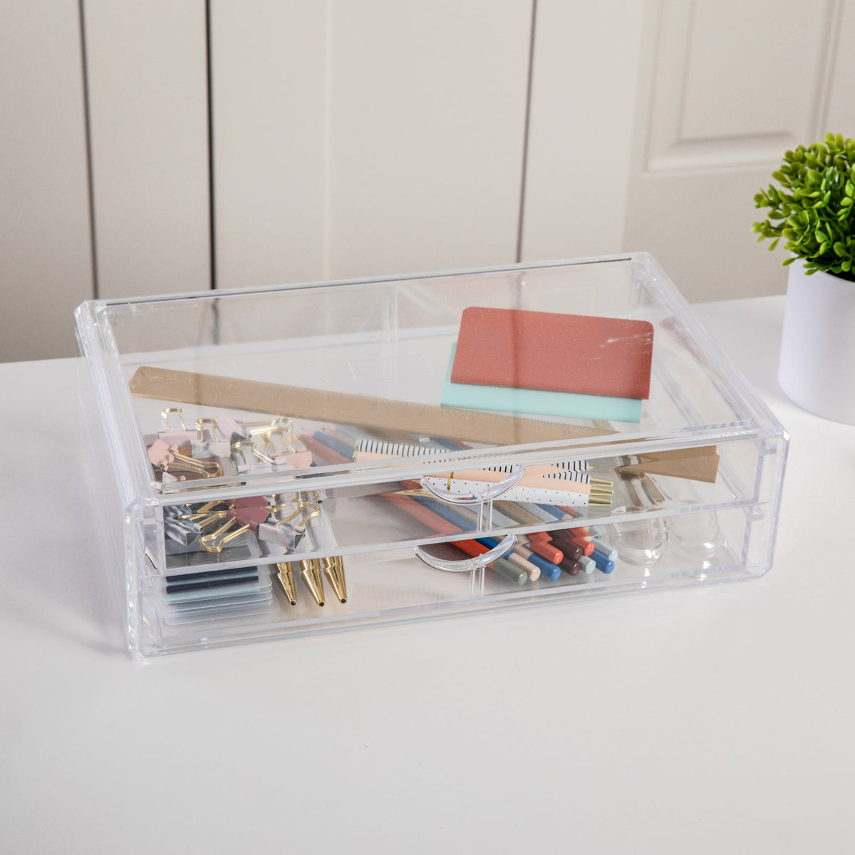 Desktop Organization Box with 2 Half Moon Opening Pullout Drawers-Clear Plastic