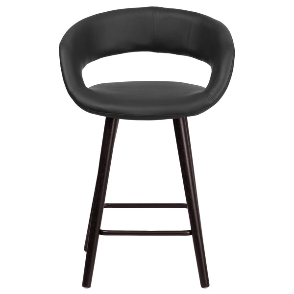 Black |#| 24inch High Cappuccino Wood Rounded Open Back Counter Height Stool in Black Vinyl