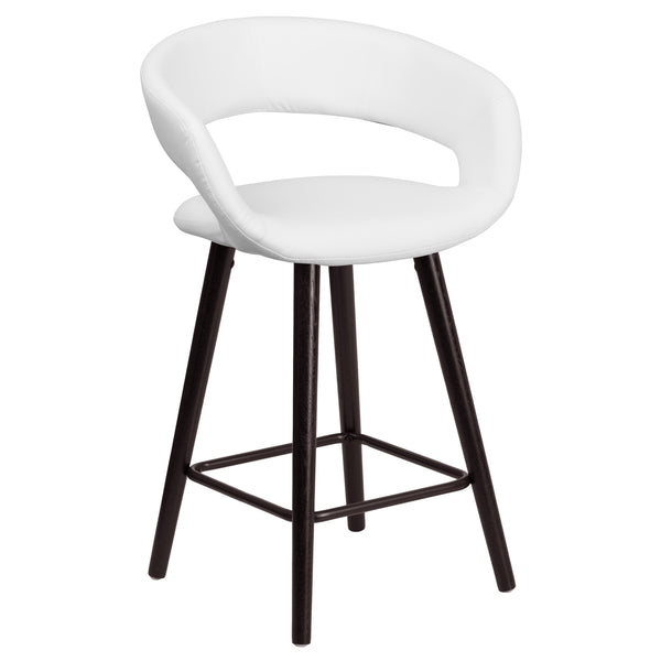 White |#| 24inch High Cappuccino Wood Rounded Open Back Counter Height Stool in White Vinyl