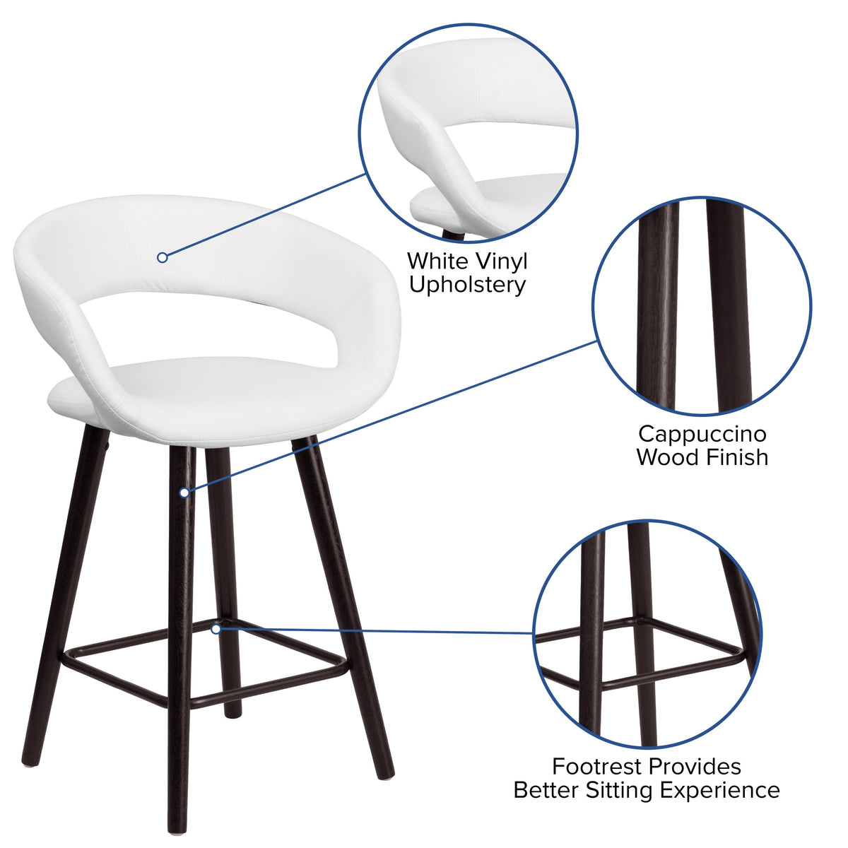 White |#| 24inch High Cappuccino Wood Rounded Open Back Counter Height Stool in White Vinyl