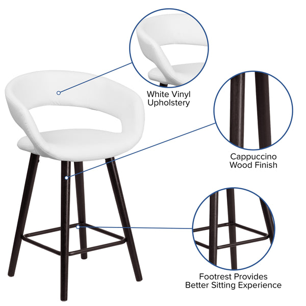 White |#| 24inch High Cappuccino Wood Rounded Open Back Counter Height Stool in White Vinyl