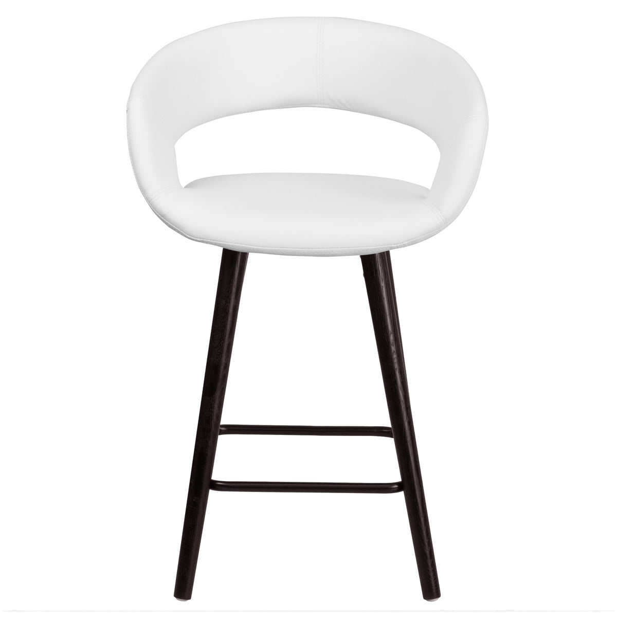 White |#| 24inch High Cappuccino Wood Rounded Open Back Counter Height Stool in White Vinyl