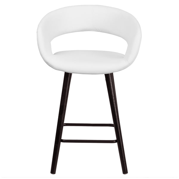 White |#| 24inch High Cappuccino Wood Rounded Open Back Counter Height Stool in White Vinyl