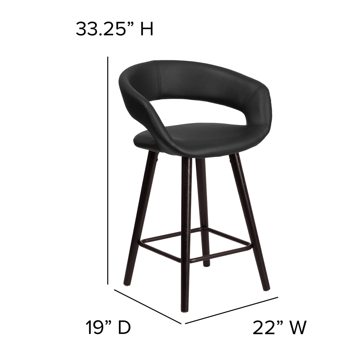 Black |#| 24inch High Cappuccino Wood Rounded Open Back Counter Height Stool in Black Vinyl