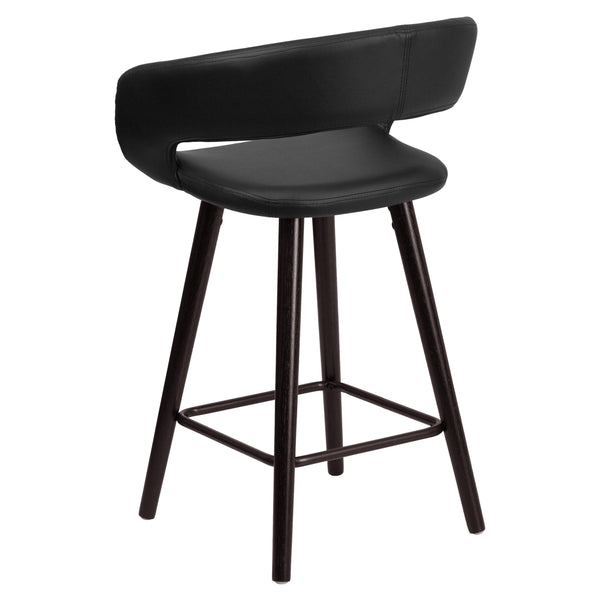 Black |#| 24inch High Cappuccino Wood Rounded Open Back Counter Height Stool in Black Vinyl