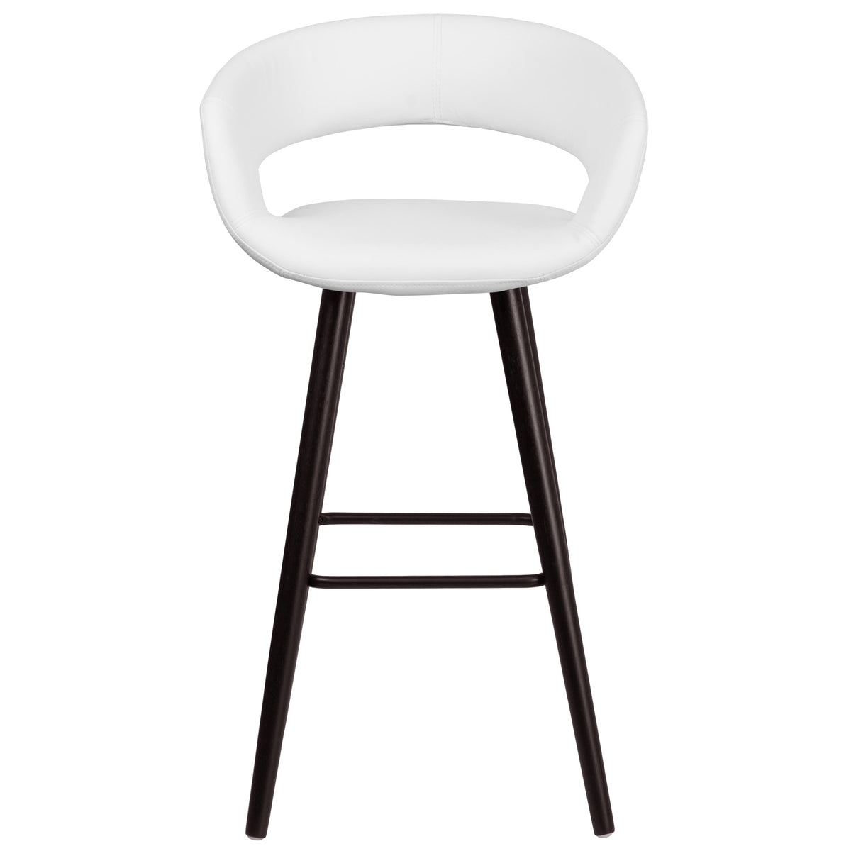White |#| 29inch High Contemporary Cappuccino Wood Rounded Open Back Barstool in White Vinyl