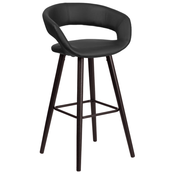 Black |#| 29inch High Contemporary Cappuccino Wood Rounded Open Back Barstool in Black Vinyl