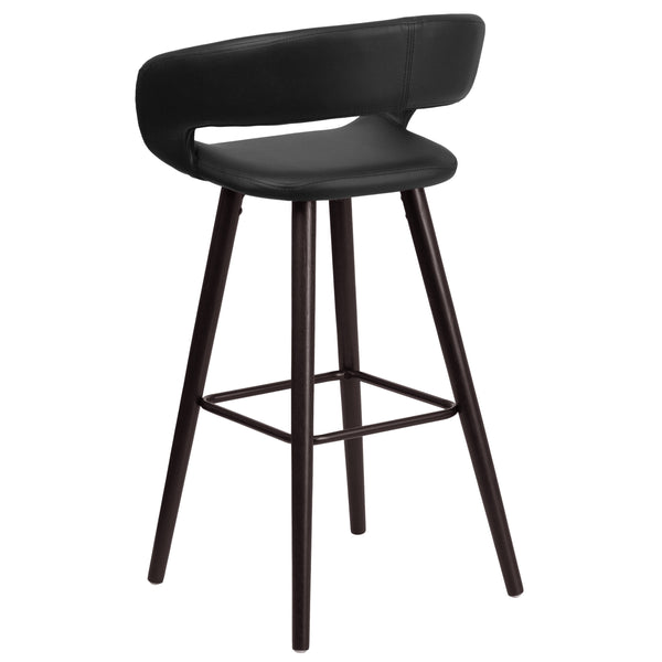 Black |#| 29inch High Contemporary Cappuccino Wood Rounded Open Back Barstool in Black Vinyl