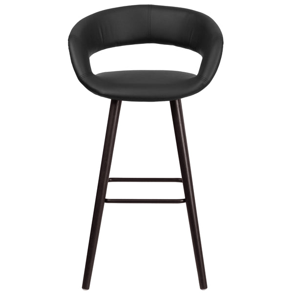 Black |#| 29inch High Contemporary Cappuccino Wood Rounded Open Back Barstool in Black Vinyl