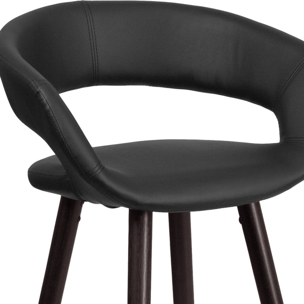 Black |#| 29inch High Contemporary Cappuccino Wood Rounded Open Back Barstool in Black Vinyl