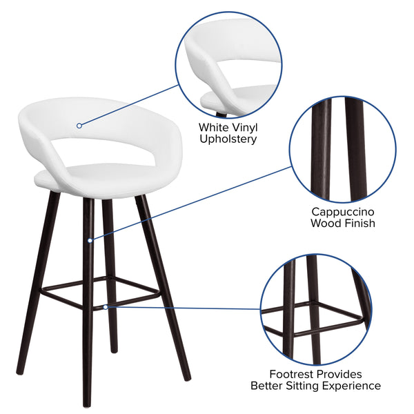 White |#| 29inch High Contemporary Cappuccino Wood Rounded Open Back Barstool in White Vinyl