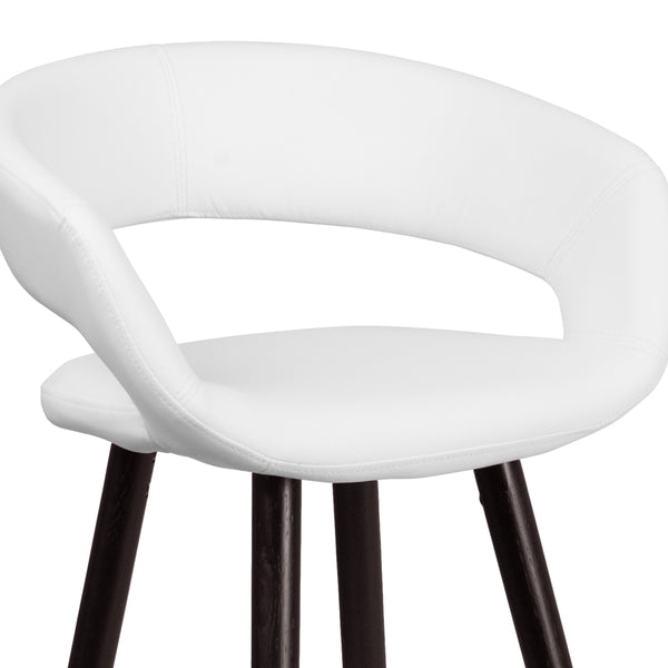 White |#| 29inch High Contemporary Cappuccino Wood Rounded Open Back Barstool in White Vinyl