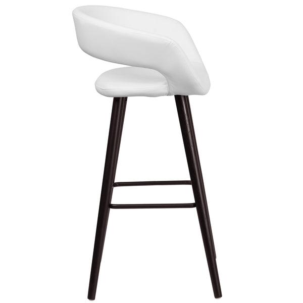 White |#| 29inch High Contemporary Cappuccino Wood Rounded Open Back Barstool in White Vinyl