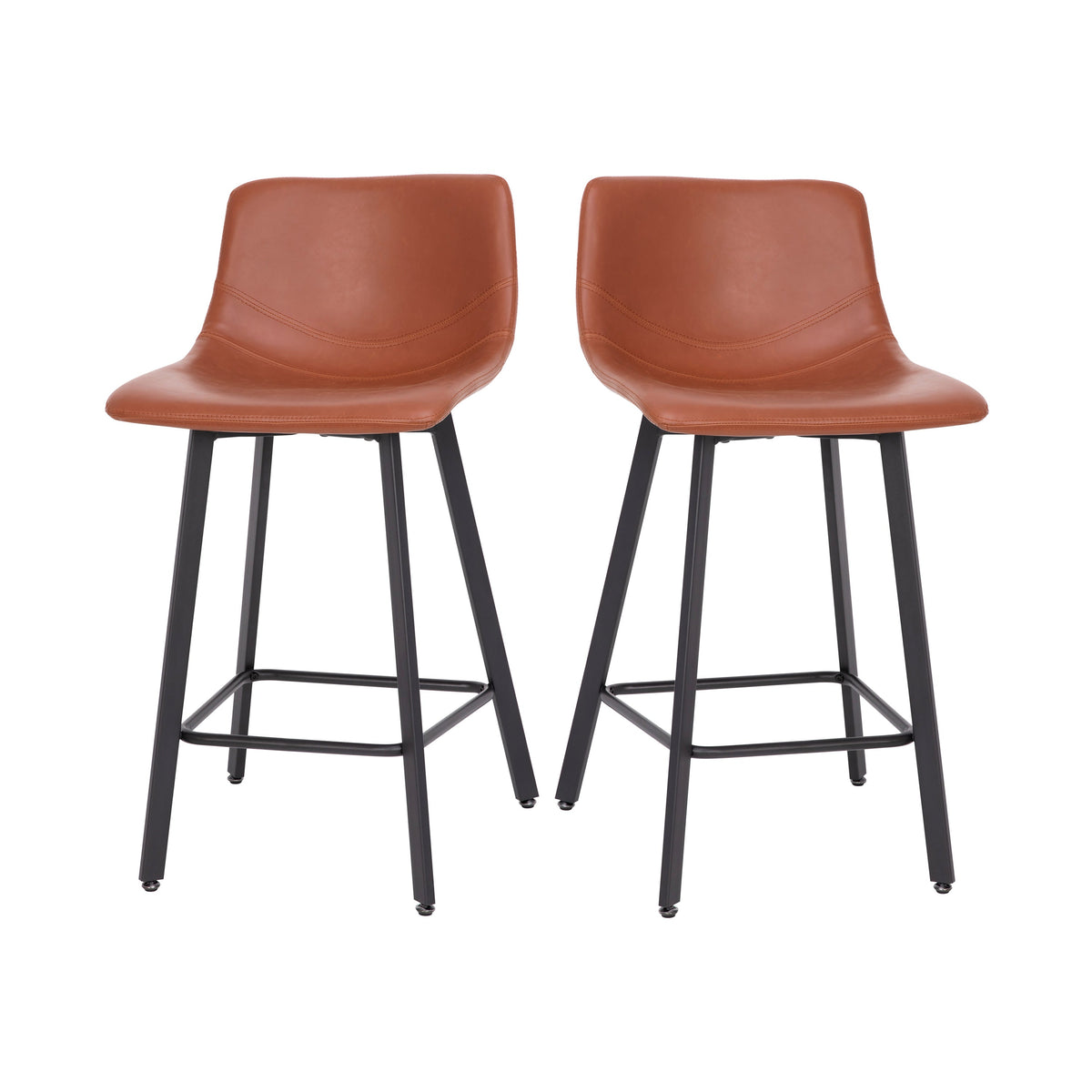 Cognac LeatherSoft |#| Set of 2 Commercial Armless Metal Counter Stools - Cognac LeatherSoft