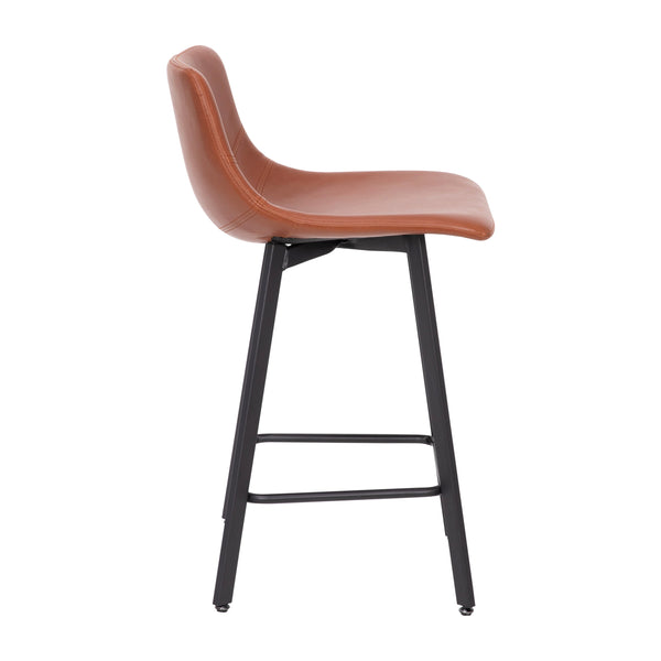 Cognac LeatherSoft |#| Set of 2 Commercial Armless Metal Counter Stools - Cognac LeatherSoft