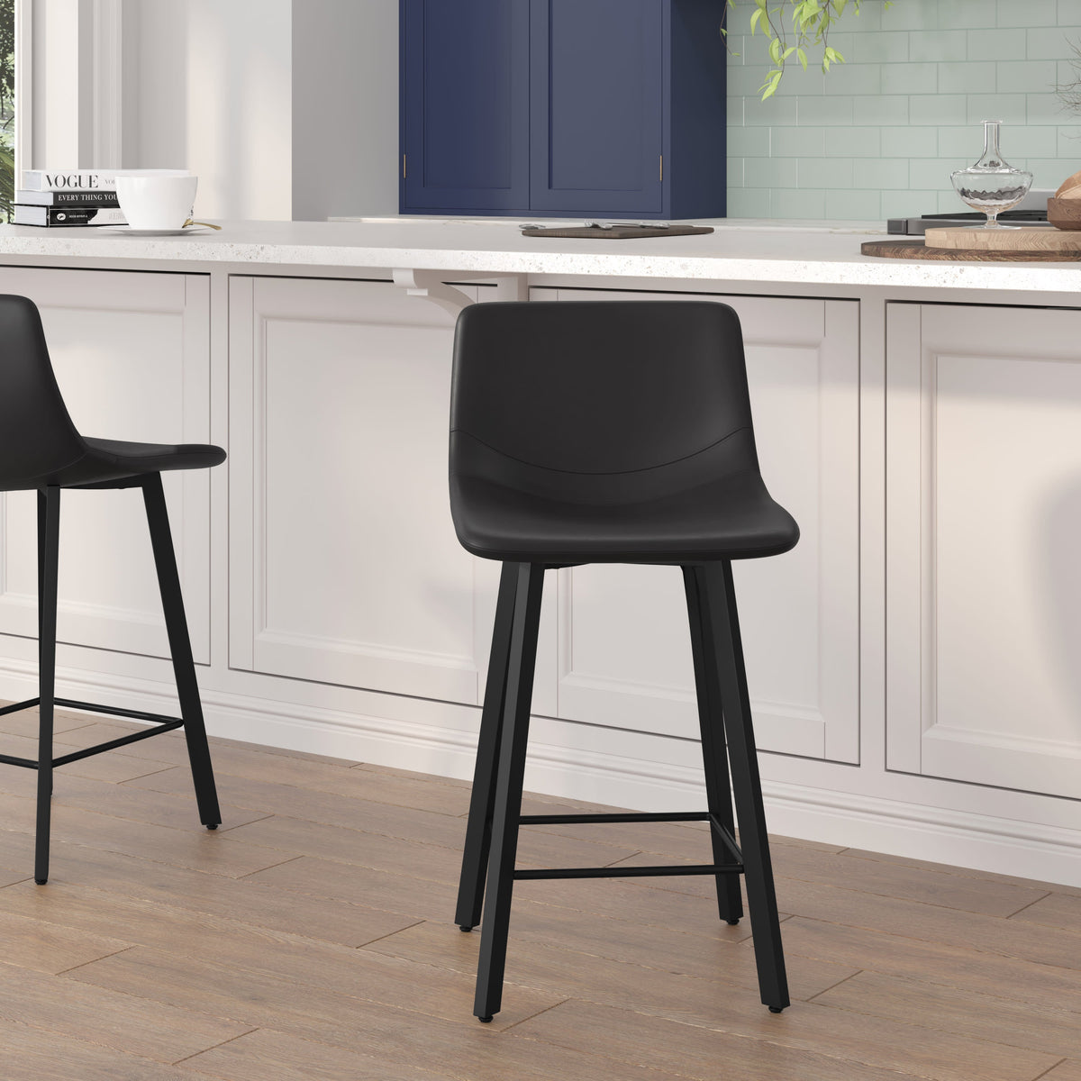 Black LeatherSoft |#| Set of 2 Commercial Armless Metal Counter Stools - Black LeatherSoft