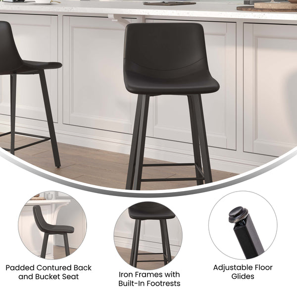 Black LeatherSoft |#| Set of 2 Commercial Armless Metal Counter Stools - Black LeatherSoft