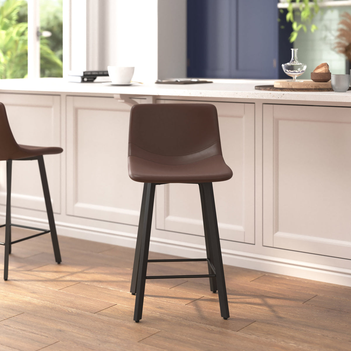 Chocolate Brown LeatherSoft |#| Set of 2 Commercial Armless Metal Counter Stools - Chocolate Brown LeatherSoft