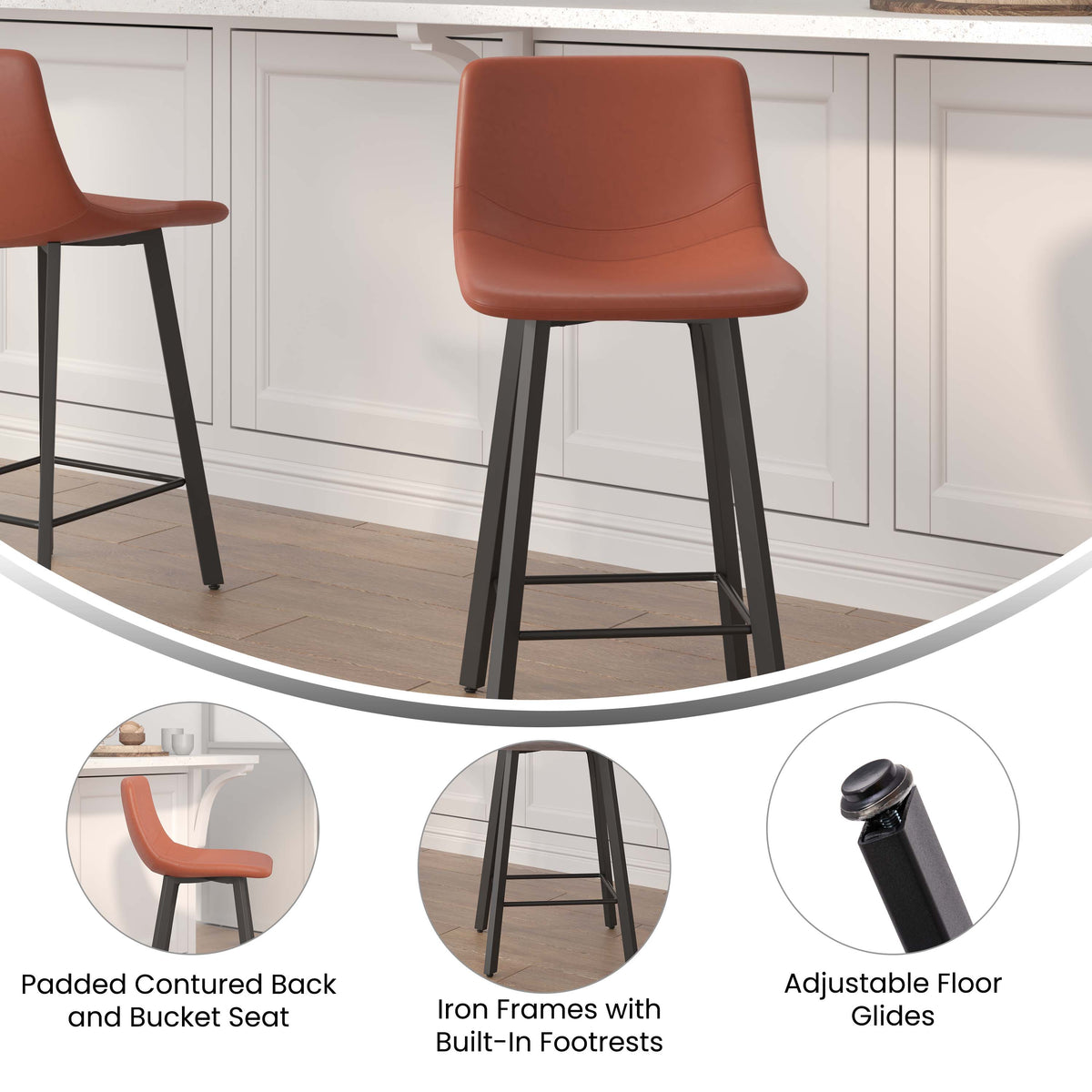 Cognac LeatherSoft |#| Set of 2 Commercial Armless Metal Counter Stools - Cognac LeatherSoft