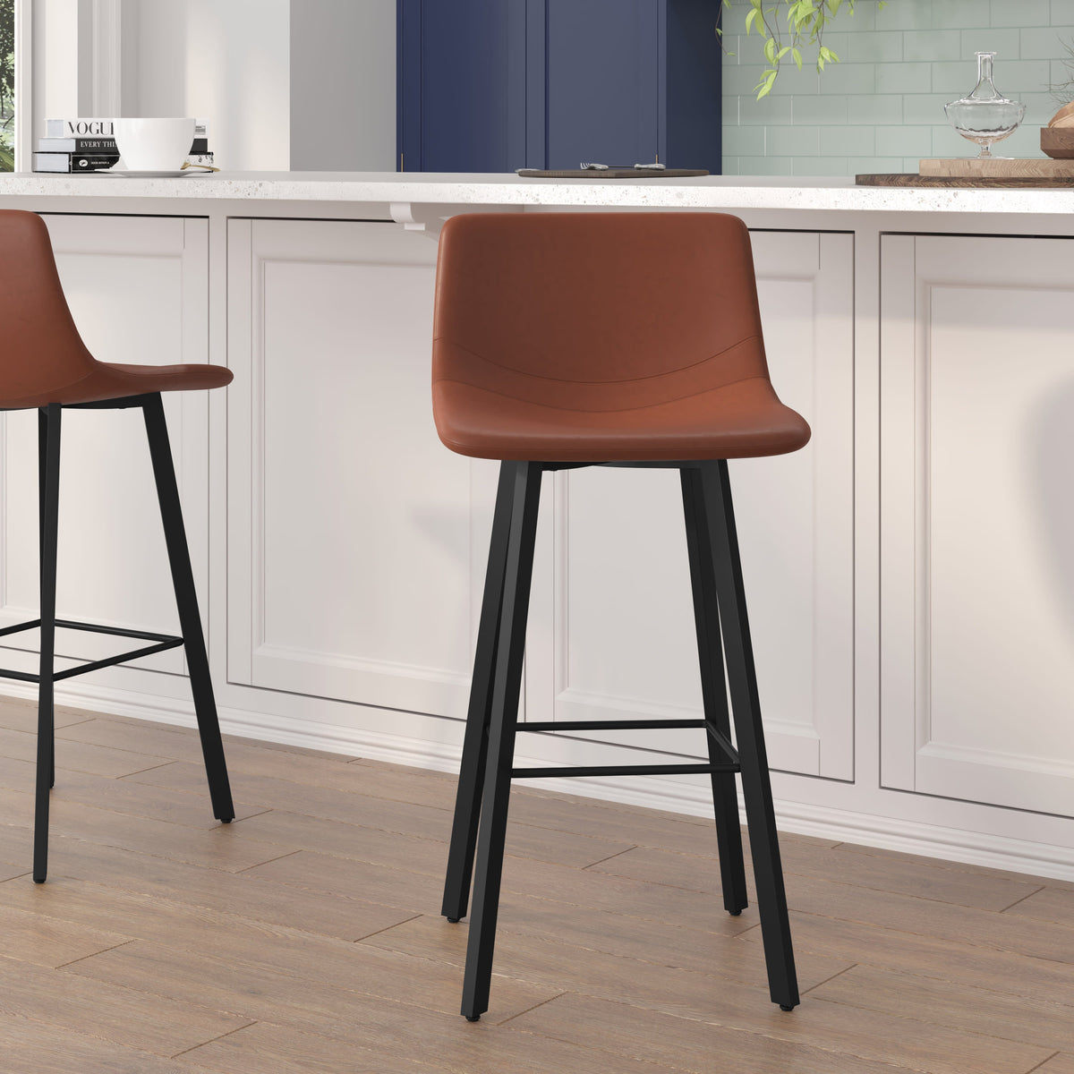 Cognac LeatherSoft |#| Set of 2 Commercial Indoor Armless Iron Barstools - Cognac LeatherSoft
